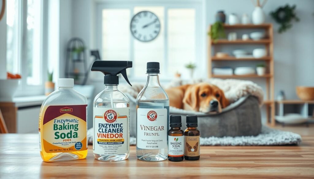 A bright, well-lit interior scene showcasing various dog odor removal techniques. In the foreground, a selection of cleaning products - enzymatic cleaners, baking soda, vinegar, and essential oils - neatly arranged on a wooden countertop. In the middle ground, a dog bed or blanket, freshly cleaned and fluffed, emitting a pleasant, clean scent. The background features shelves with pet-care items, a window allowing natural light to filter in, and a calm, relaxing atmosphere. The composition emphasizes the effectiveness and ease of these techniques, conveying a sense of simplicity and efficiency in addressing dog-related odors.