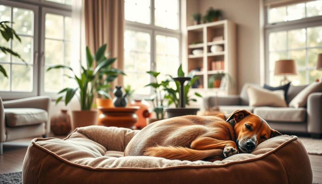 A calm, soothing scene of a dog relaxing in a cozy living room, surrounded by natural elements that help reduce anxiety. Soft natural lighting filters in through large windows, creating a warm, inviting atmosphere. In the foreground, the dog is curled up on a plush, cushioned bed, appearing peaceful and at ease. Potted plants and a tabletop water fountain in the middle ground provide a serene, nature-inspired setting. In the background, bookcases and cozy furniture create a comforting, homely ambiance. The overall mood is one of tranquility and mindfulness, encouraging the viewer to find ways to help their own anxious dog feel safe and secure.