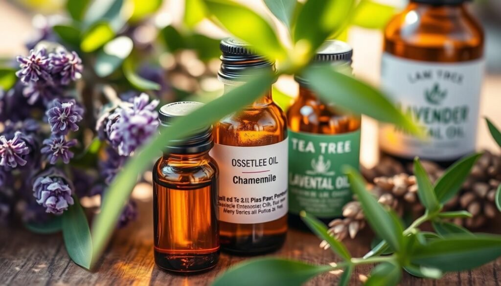 A close-up shot of various essential oils, including lavender, chamomile, and tea tree oil, arranged on a wooden surface. The oils are contained in small amber glass bottles, casting warm, natural lighting across the scene. The bottles are partially obscured by green leaves and herbs, adding a soothing, botanical atmosphere. The focus is sharp, emphasizing the textures and colors of the essential oils and their natural accompaniments, conveying their potential therapeutic properties for soothing a dog's irritated paws.