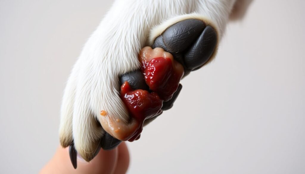 A close-up view of a dog's paw, with a swollen, inflamed, and bleeding nail. The nail appears cracked and oozing, indicating a potential infection or complication. The paw is held against a plain, neutral-colored background, allowing the damage to the nail to be the focal point. Soft, natural lighting illuminates the scene, casting subtle shadows and highlights to accentuate the textures and details. The overall mood is one of concern and the need for prompt medical attention, conveying the seriousness of the situation.