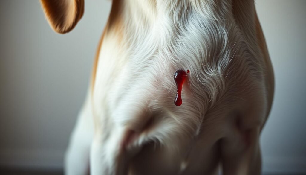 A female dog's lower abdomen, gently illuminated by soft, natural lighting. In the foreground, delicate blood droplets cascade down the dog's fur, highlighting the onset of estrus. The middle ground reveals the dog's relaxed, yet alert posture, conveying the discomfort associated with this biological process. The background is a serene, neutral setting, allowing the viewer to focus on the physiological details. Captured with a macro lens, the image offers a sensitive, educational perspective on the heat cycle in dogs, crucial for understanding their health and care.