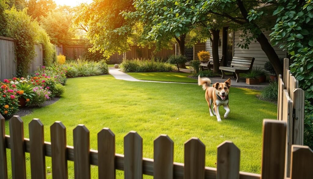 A lush, verdant yard with a mix of soft grass, vibrant flowers, and shady trees. In the foreground, a sturdy wooden fence surrounds the perimeter, creating a safe and secure play area for a friendly, energetic dog. The middle ground features a well-maintained path winding through the yard, inviting exploration. Soft, warm lighting filters through the canopy of trees, casting a pleasant glow over the scene. In the background, a cozy seating area with weathered wooden benches provides a comfortable spot for the dog's human companions to relax and enjoy the tranquil outdoor space. This dog-friendly yard exudes a sense of balance, safety, and harmony, perfectly suited for a family and their four-legged friend.
