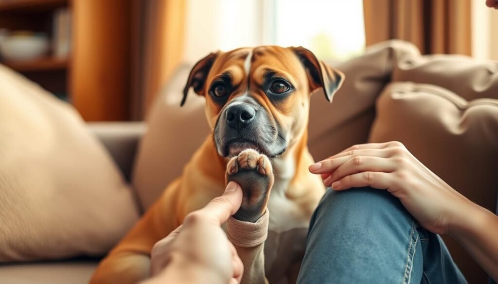 A nervous dog sits on a cozy sofa, its eyes filled with trepidation as its owner gently holds its paw, preparing to trim its nails. The room is bathed in warm, soft lighting, creating a sense of comfort and understanding. The dog's body language is tense, its muscles taut, but its owner's gentle touch and soothing expression convey a promise of care and patience. The background is blurred, allowing the viewer to focus on the intimate moment between the dog and its human, capturing the anxiety and trust that can accompany this necessary task.