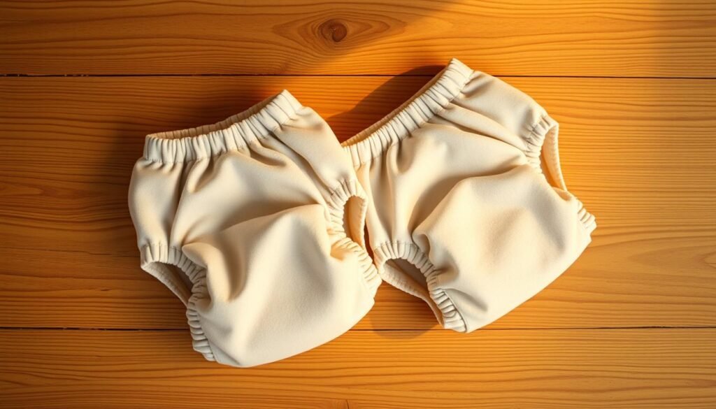 A pair of soft, absorbent doggie diapers laid on a natural wood surface, illuminated by warm, diffused lighting. The diapers are in a neutral color, such as beige or gray, with a subtle design or texture to add visual interest. The diapers are the main focus, with a clean, minimalist background that allows them to stand out. The overall mood is calm and reassuring, reflecting the natural approach to managing a dog's heat-related bleeding.