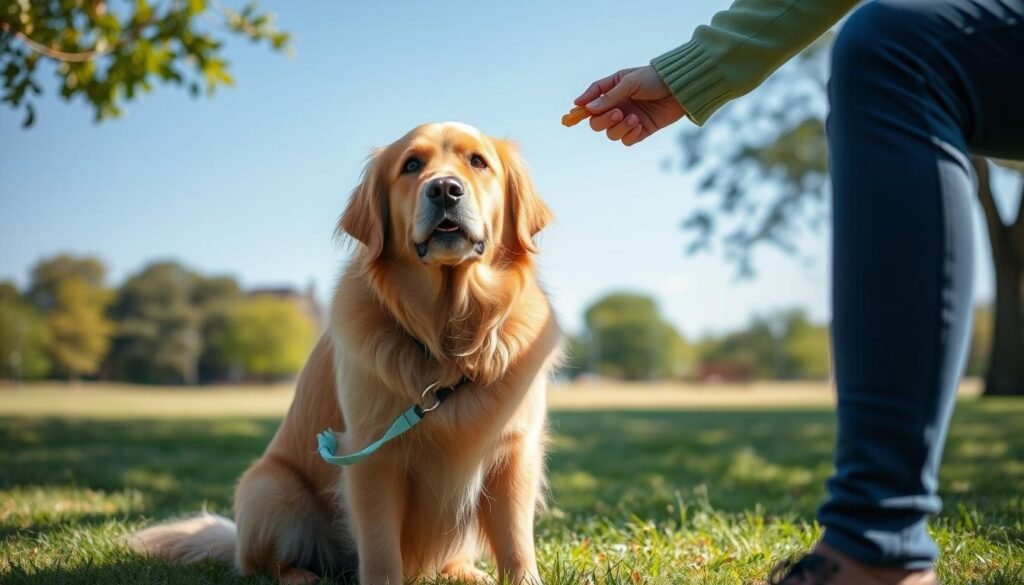 A peaceful outdoor scene of a person training their dog, using positive reinforcement techniques like treat rewards and gentle commands. The dog, a friendly-looking Golden Retriever, sits attentively, focused on their owner. In the background, a tranquil park setting with lush greenery and a clear blue sky. Soft, natural lighting illuminates the pair, creating a warm, encouraging atmosphere. The composition emphasizes the connection between the human and their canine companion, highlighting the effectiveness of patient, reward-based training methods to discourage undesirable behaviors like digging.