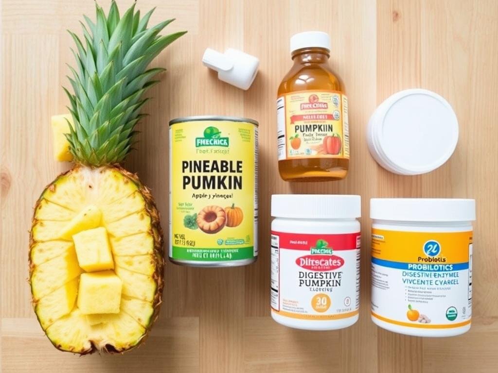 A selection of natural home remedies for preventing dogs from eating poop, including pineapple, pumpkin, and supplements