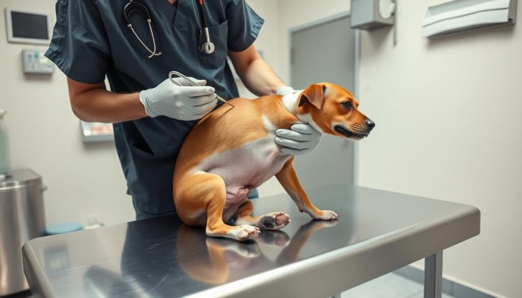 A sterile, well-lit medical examination room with a stainless steel examination table. On the table, a calm and patient dog, gently held by a veterinarian in scrubs, as they carefully administer a spaying procedure. The dog's abdomen is shaved, and the veterinarian's hands are gloved, wielding precise surgical instruments. The atmosphere is one of professionalism and care, with the goal of safely and effectively managing the dog's heat-related bleeding.