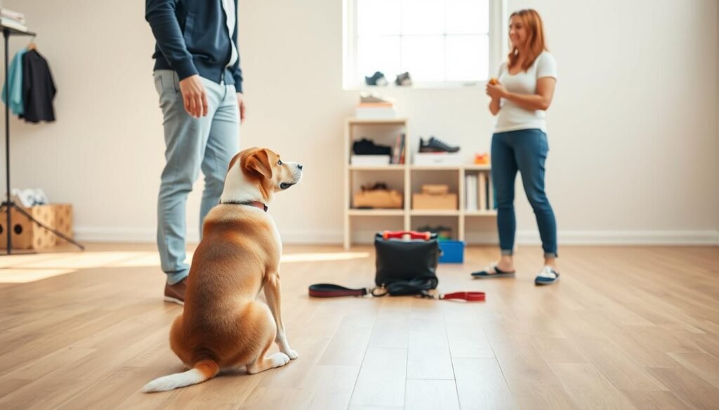 A sunny, well-lit studio setting with a wooden floor and neutral backdrop. In the foreground, a focused, obedient dog in a sitting position, attentively watching its owner, who stands nearby holding a training treat. The dog's body language conveys alert readiness. In the middle ground, various dog training equipment is neatly arranged, including a clicker, leash, and other command tools. The background features shelves with dog-related books and accessories, suggesting a professional, educational environment. The overall mood is calm, positive, and instructive, reflecting the process of teaching essential dog training commands.