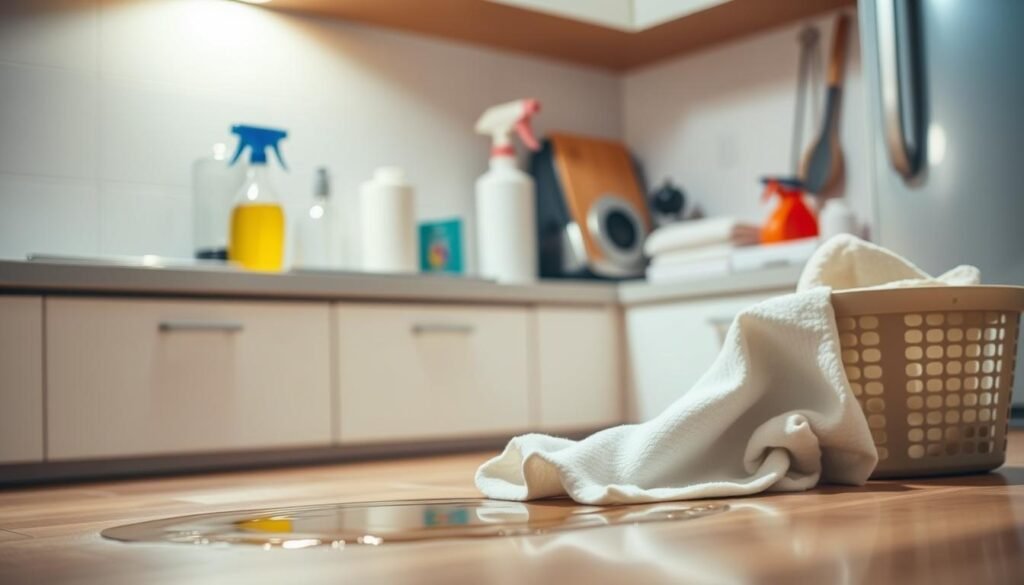 A well-lit, clean kitchen counter with a spray bottle, paper towels, and other cleaning supplies neatly arranged. In the foreground, a wet spot on the floor is being blotted with a towel, conveying the act of effectively cleaning up a spill or accident. Soft, indirect lighting casts a warm, inviting glow, and the overall scene exudes a sense of order and control, suggesting a methodical and successful approach to addressing the cleaning task at hand.