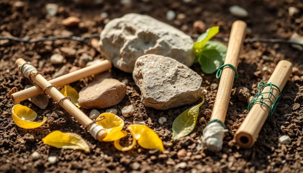 A well-lit, detailed close-up image of various dog deterrent objects, such as citrus peels, wooden stakes, rocks, and chicken wire, arranged in a visually appealing and purposeful manner on a natural soil or gravel background. The items should be positioned to suggest how they could be effectively deployed to discourage a dog from digging in a specific area. Soft, diffused lighting from the side creates depth and shadows, highlighting the textures and materials of the deterrents. The overall composition should convey a sense of practical, thoughtful solution to the problem of unwanted dog digging.