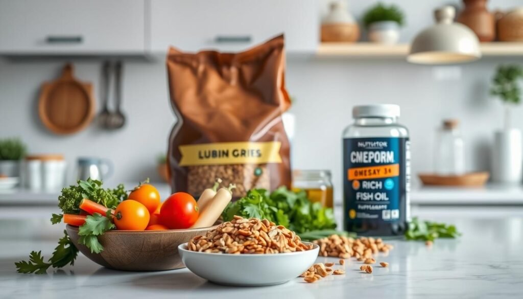 A well-lit kitchen counter with various healthy dog food ingredients arranged artfully. In the foreground, a bowl of fresh vegetables and whole grains, representing a balanced canine diet. In the middle ground, an open bag of high-quality dog kibble and a jar of omega-3 rich fish oil supplements. The background features clean, bright lighting, conveying a sense of wellness and nutrition. The overall scene exudes a calming, informative atmosphere, highlighting the importance of proper nutritional adjustments for dogs' skin health.