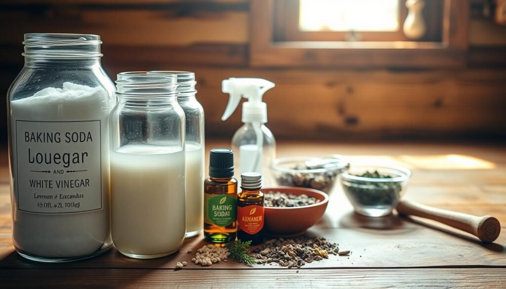 A well-lit, overhead shot of an assortment of homemade natural cleaning solutions for eliminating dog odor. In the foreground, several clear glass jars filled with baking soda, white vinegar, and essential oils like lemon, lavender, and eucalyptus. In the middle ground, a small spray bottle and a bowl of dried herbs and spices. The background features a rustic wooden surface, perhaps a farmhouse-style kitchen counter, with sunlight streaming in through a window, casting a warm, inviting glow over the scene. The overall mood is one of simplicity, practicality, and eco-friendly solutions for managing stubborn pet smells.