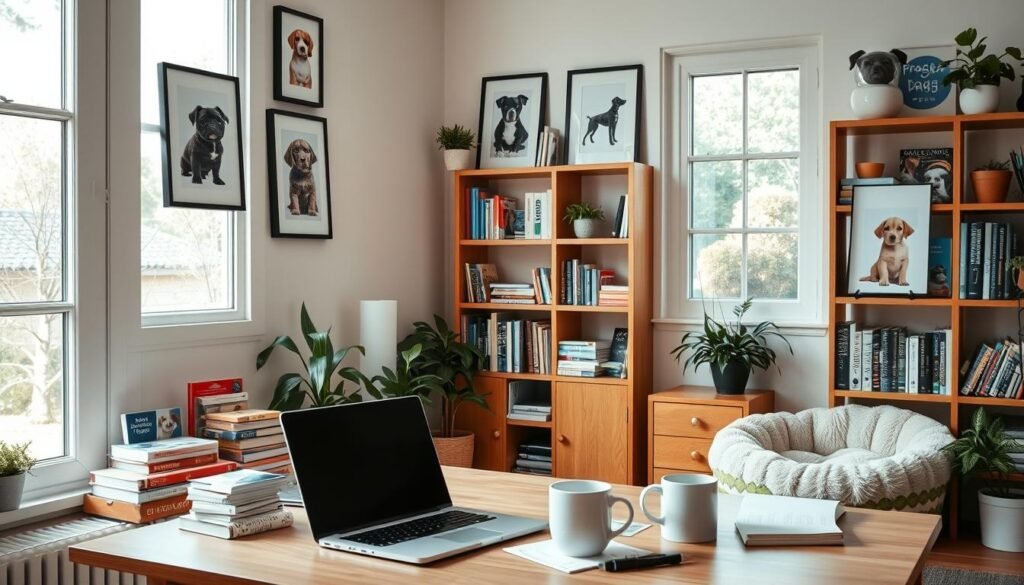 Bright, natural-lit interior of a cozy home office. Wooden shelves line the walls, displaying an array of dog care books, training guides, and supplies. Framed photos of various dog breeds hang neatly, complemented by potted plants and a soft, plush dog bed in the corner. A laptop rests on the desk, surrounded by notebooks, pens, and a mug of steaming coffee. The overall scene conveys a sense of warmth, education, and dedication to responsible dog ownership.