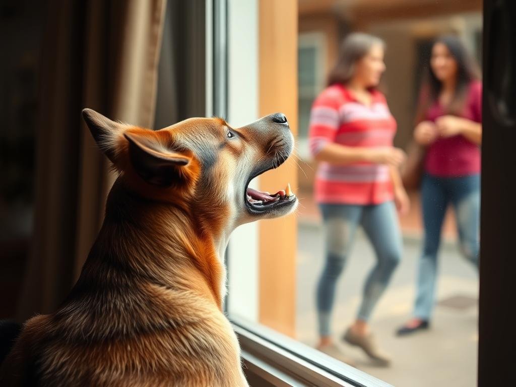 Dog barking at the window watching people pass by Dog barking at the window watching people pass by