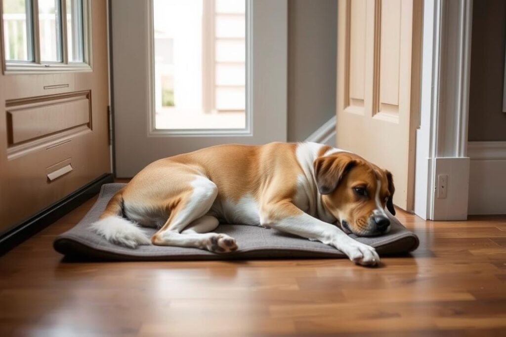 Dog lying on designated mat near door after hearing doorbell Dog lying on designated mat near door after hearing doorbell