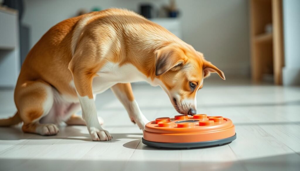 Dog playing with interactive puzzle toy that provides mental stimulation to prevent boredom-related coprophagia
