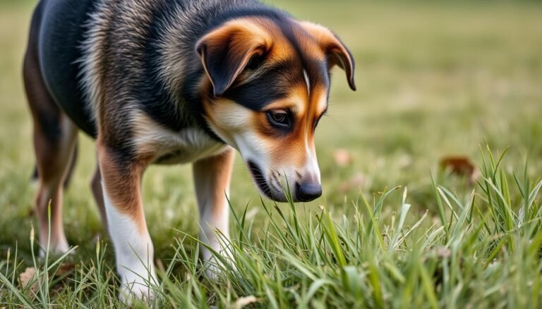 Dog sniffing around grass, demonstrating natural investigative behavior that can lead to coprophagia