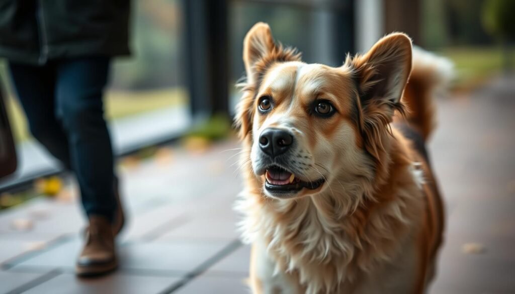 Dog with separation anxiety looking anxious as owner prepares to leave Dog with separation anxiety looking anxious as owner prepares to leave