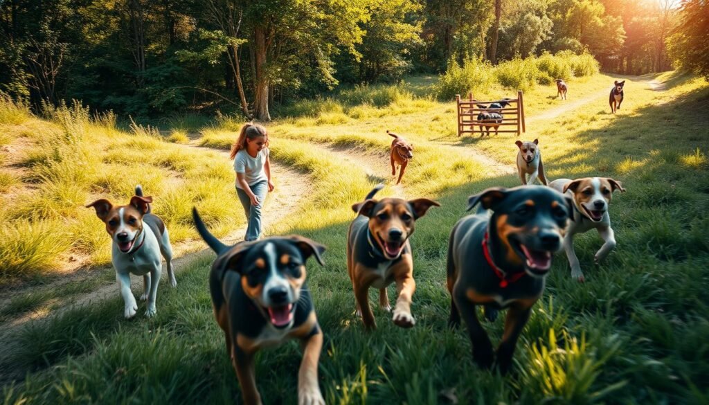 Energetic dogs playing and exploring in a bright, natural environment. In the foreground, a group of playful pups engaged in a game of fetch, their joyful expressions captured mid-motion. In the middle ground, a dog hikes along a winding trail, surrounded by lush greenery and sunlit patches. In the background, several dogs navigate an obstacle course, testing their agility and focus. The scene is illuminated by soft, warm lighting, creating a sense of warmth and vitality. Captured with a wide-angle lens to convey a sense of depth and immersion, the image exudes a lively, active atmosphere that inspires engagement and activity.
