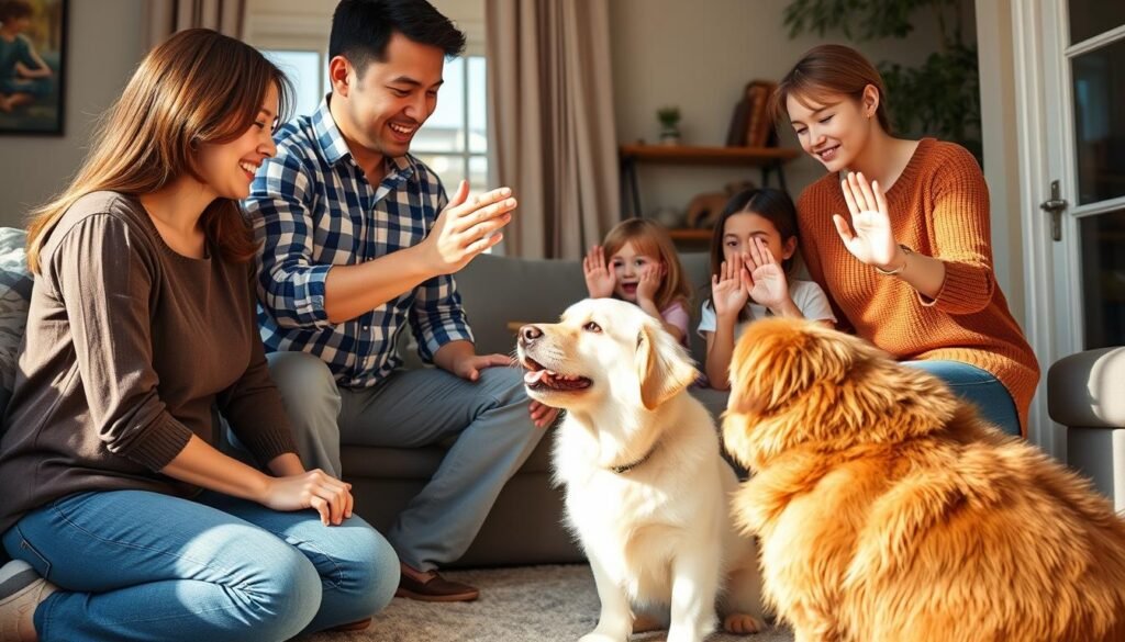 Family members consistently using the same hand signal to quiet barking dog Family members consistently using the same hand signal to quiet barking dog