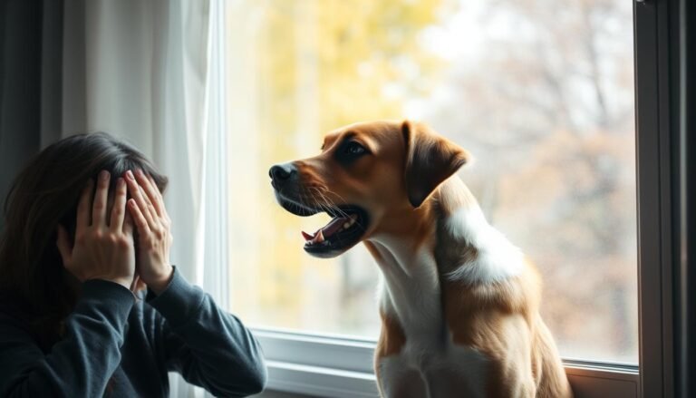 Frustrated dog owner covering ears while dog barks at window