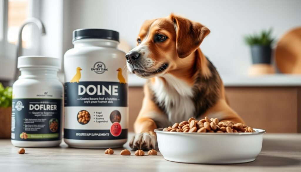 High-quality dog food in bowl next to supplements that can help prevent coprophagia