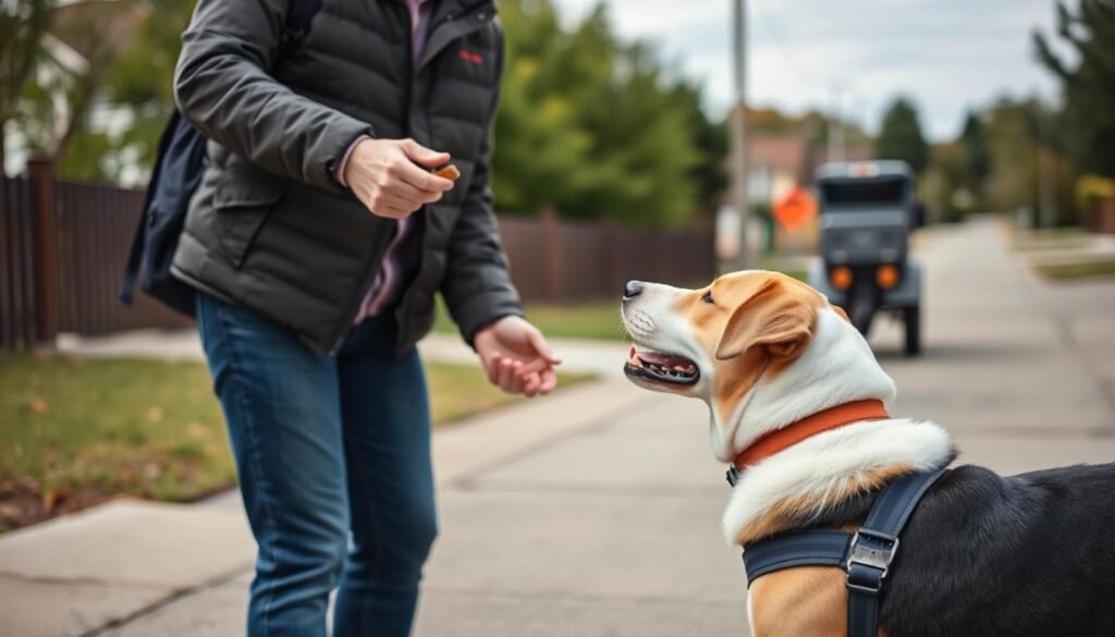 Owner giving treats to dog while mailman approaches at a distance Owner giving treats to dog while mailman approaches at a distance