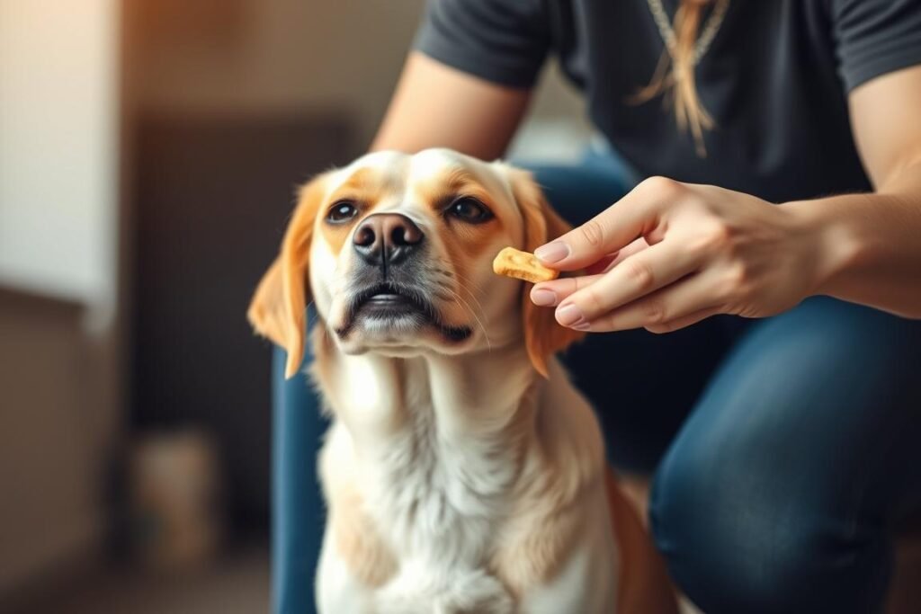 Owner rewarding quiet dog with treat during positive reinforcement training Owner rewarding quiet dog with treat during positive reinforcement training