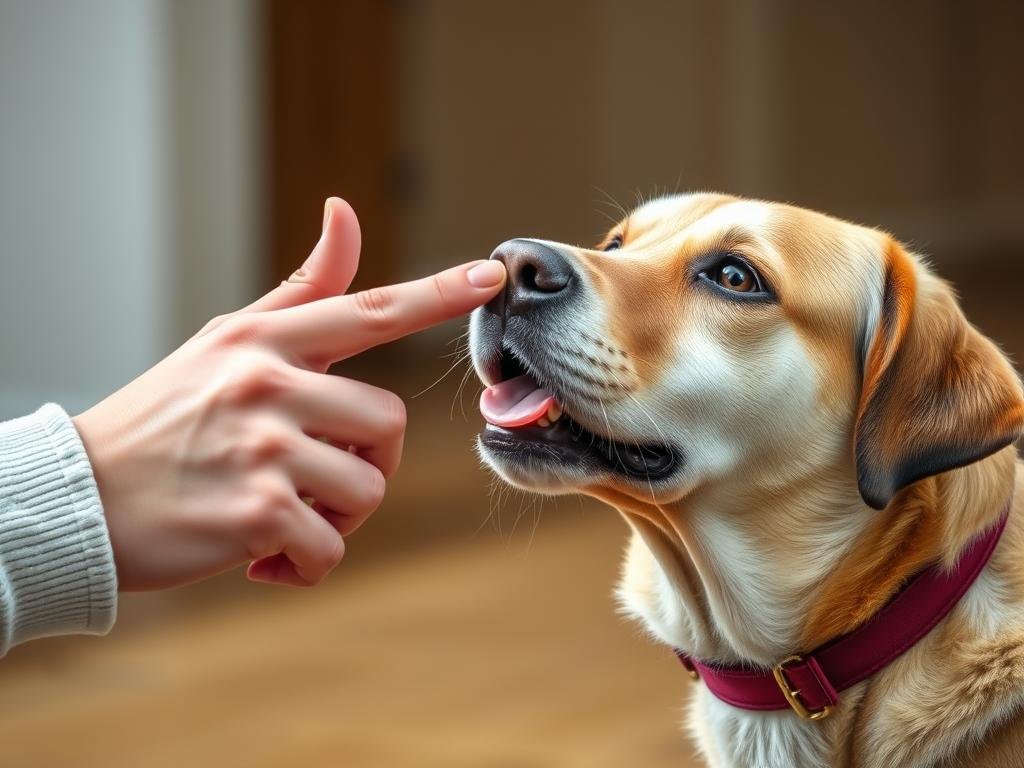 Owner using quiet command with finger to lips gesture to stop dog barking Owner using quiet command with finger to lips gesture to stop dog barking