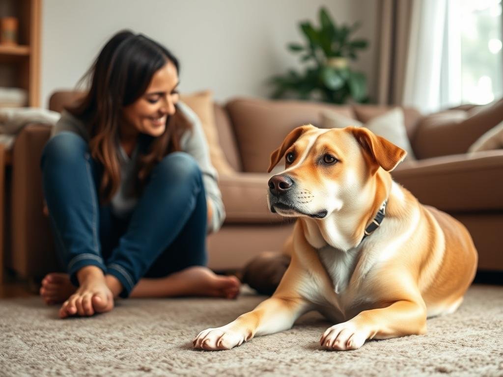 Peaceful home scene with quiet, relaxed dog and happy owner Peaceful home scene with quiet, relaxed dog and happy owner