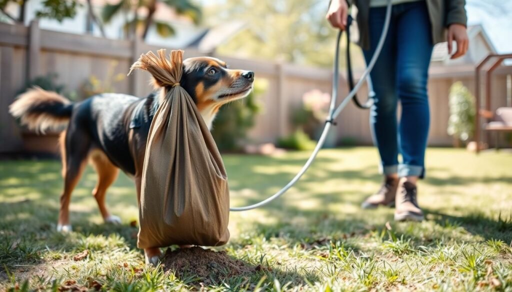Person immediately cleaning up after their dog in a backyard setting to prevent coprophagia