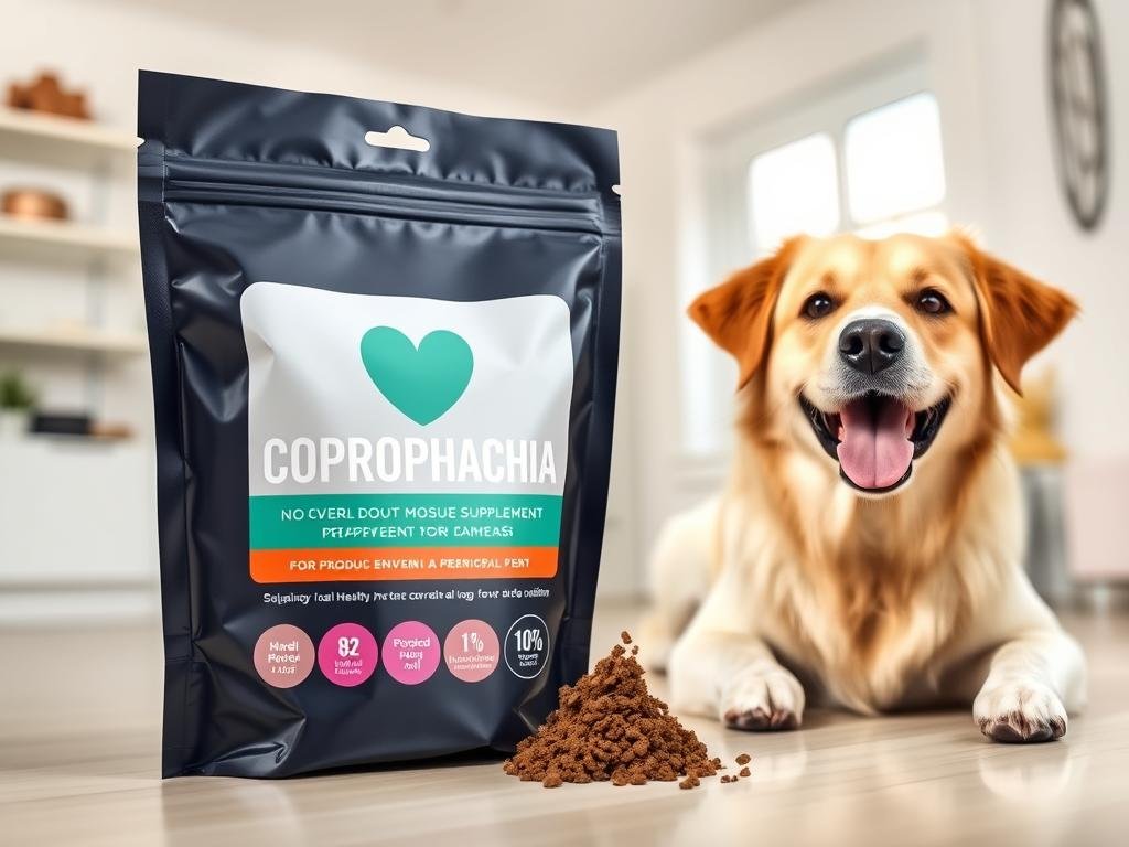 Product image of Stop Eat Poop supplement with happy, healthy dog nearby