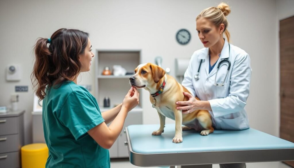 Veterinarian examining a dog, discussing potential medical causes of coprophagia with concerned owner